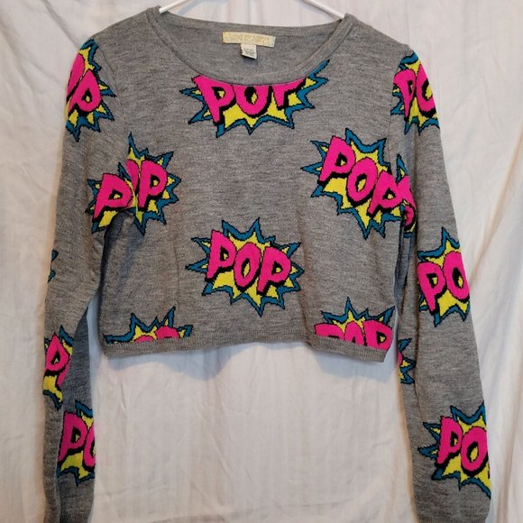 Crop Novelty Sweater POP Love By Design Gray Junior Size Large Acrylic - Picture 1 of 6